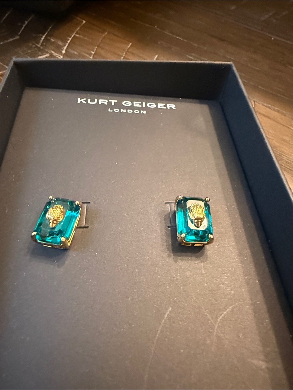 Kurt Geiger Emerald-Teal Rectangular Crystal Studs - Picture 2 of 4